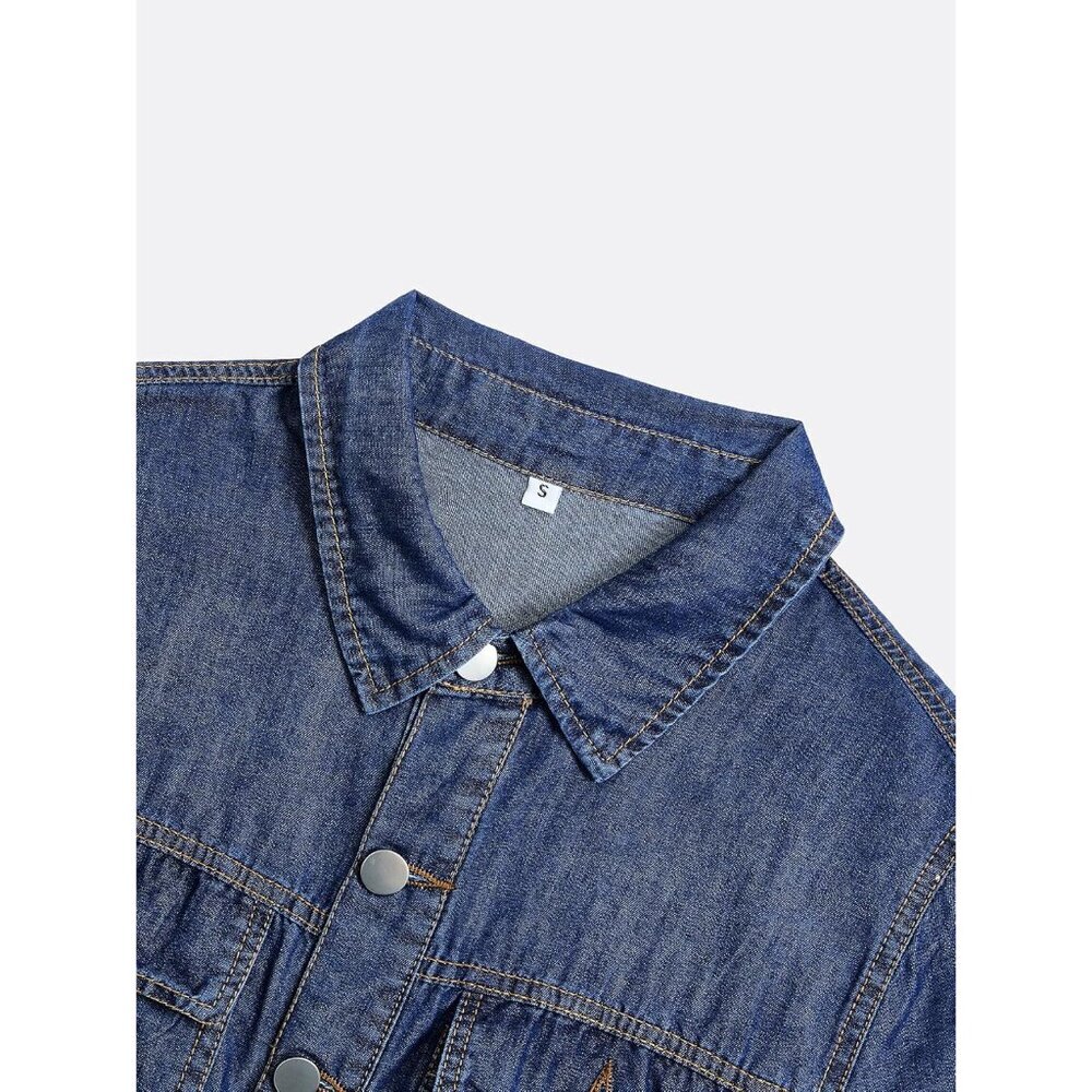 Women Denim Shirt Dress V Neck Short Sleeve A-Line Pockets Casual Blue - Picture 4 of 7